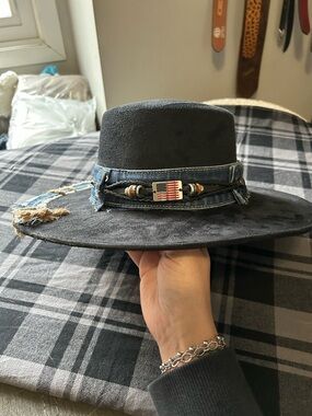 Black Cordobe’s Fedora Hat with Denim Band and offset American Flag MEDIUM